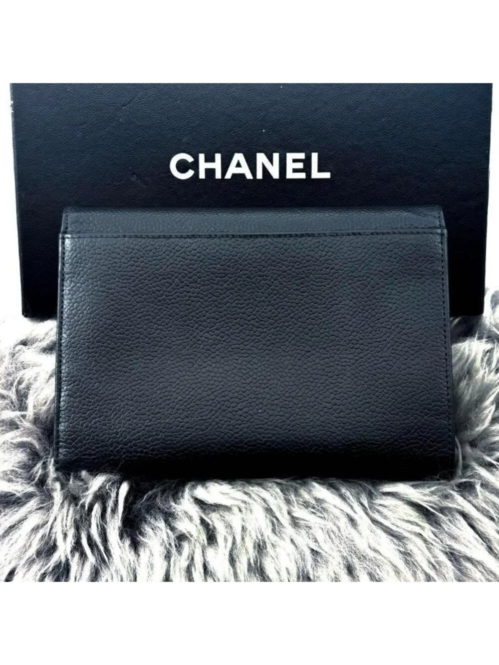 Chanel Wallet Jumbo CC Logo Caviar Trifold Round Charm Black